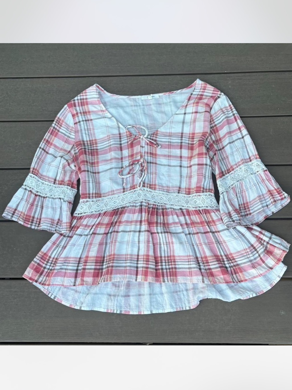 Maurices pink and white plaid babydoll blouse with lace trim